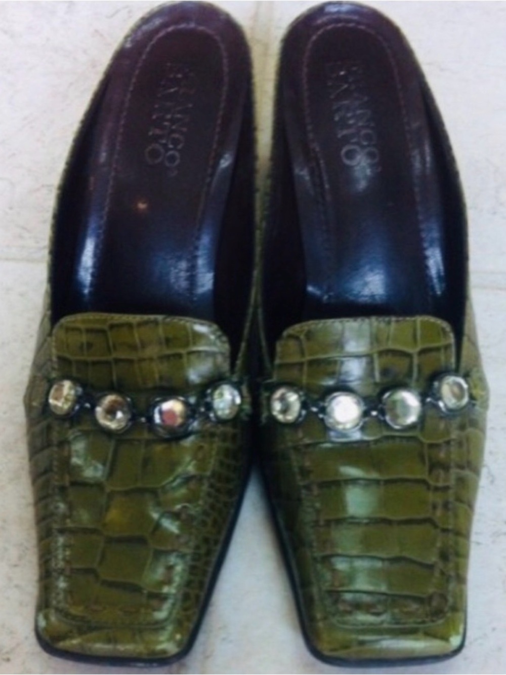Franco Sarto Olive Green Croc Embossed Jeweled Mules Size 6 Leather Heels EUC